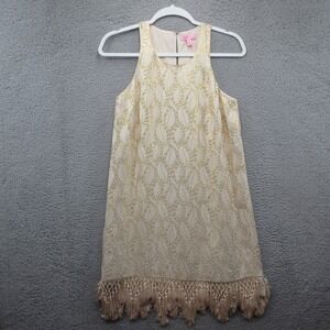 Lilly Pulitzer Marquette Shift Gold Metallic Silk Leaf Jacquard Dress XS Flapper